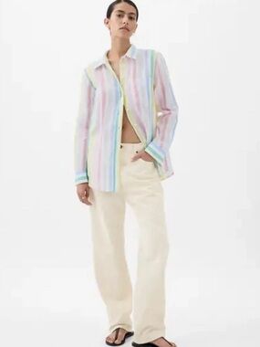 Gap Women's Multi Stripes Linen Boyfriend Shirt Rainbow Paradise Oversized Small